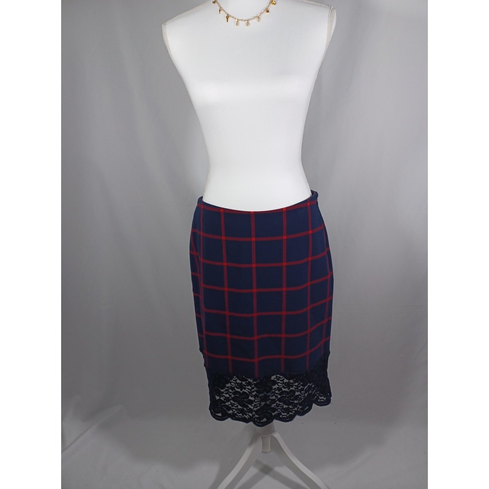 MICHAEL Michael Kors Skirt Womens 6 Blue Plaid Lace Hem Pencil Midi Career